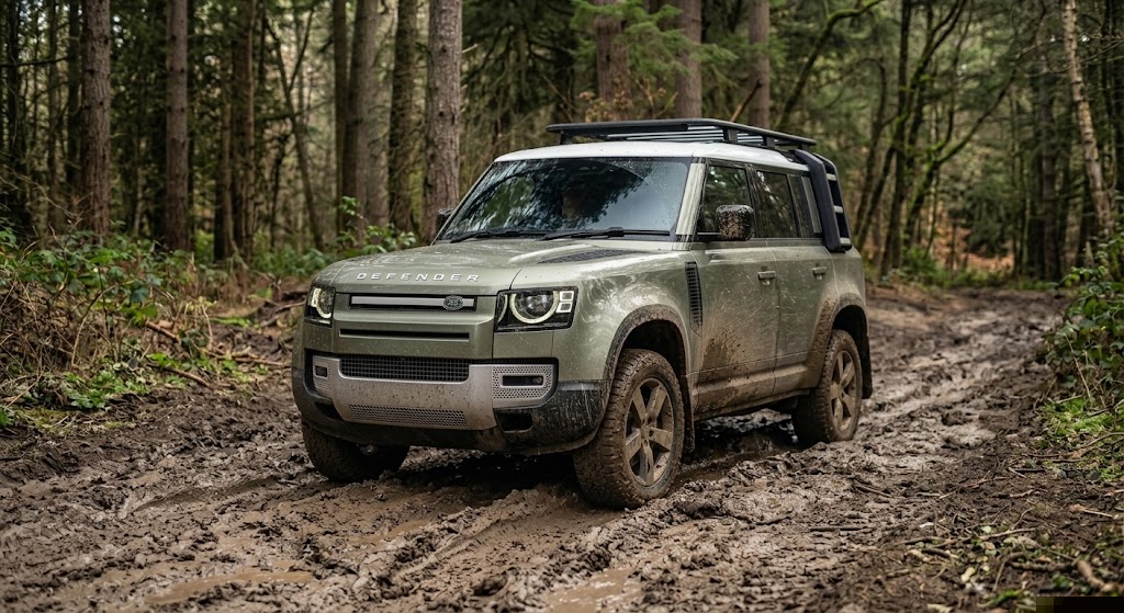 Green Land Rover Defender on a muddy forest track