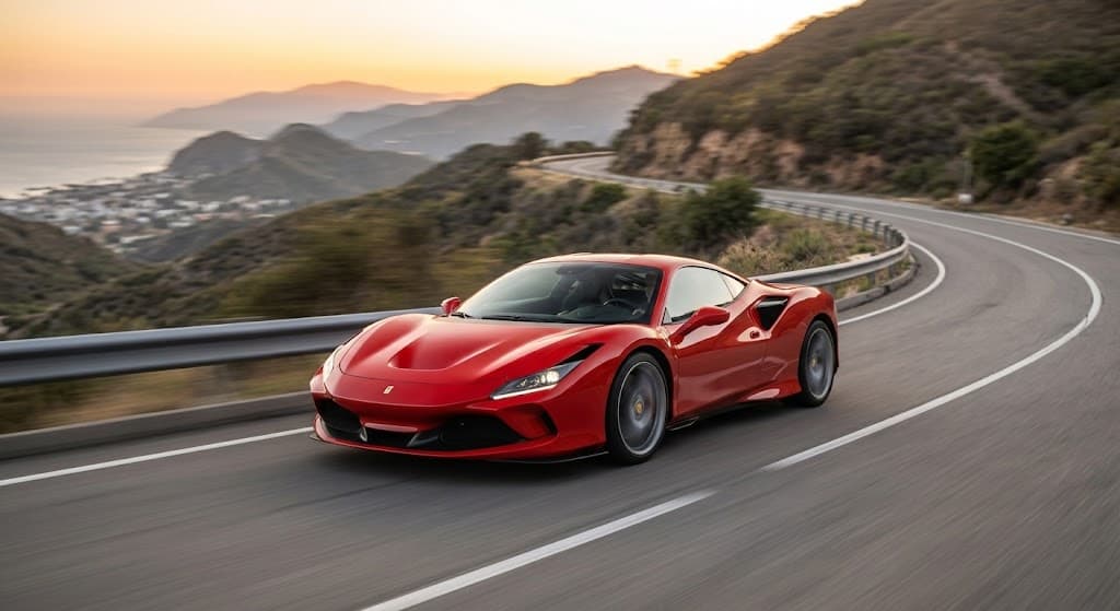 Red Ferrari F8 Tributo on a mountain road