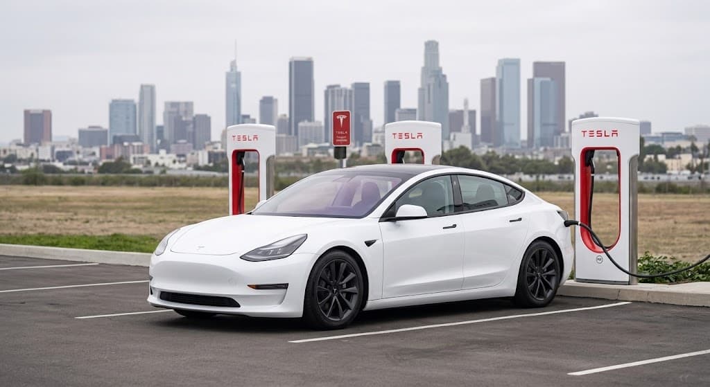 White Tesla Model 3 at a Supercharger station