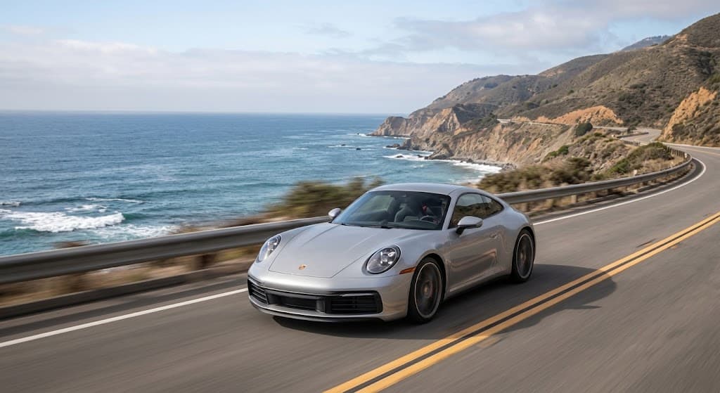 Silver Porsche 911 on a coastal road