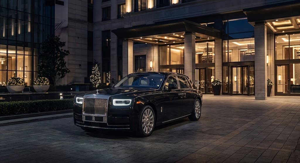 Black Rolls-Royce Phantom at a lit hotel entrance at night